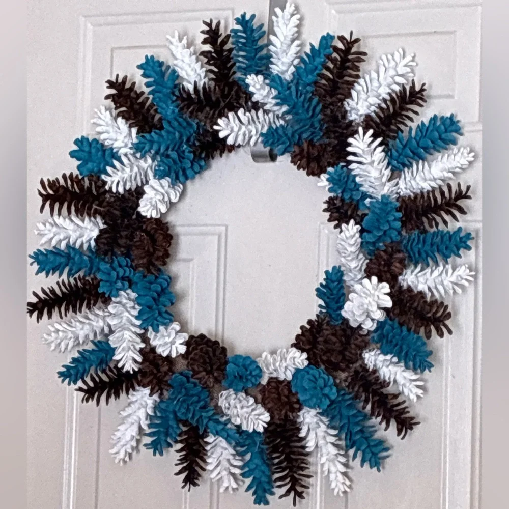 Elegant Holiday Pinecone Wreath - Teal, White, and Brown